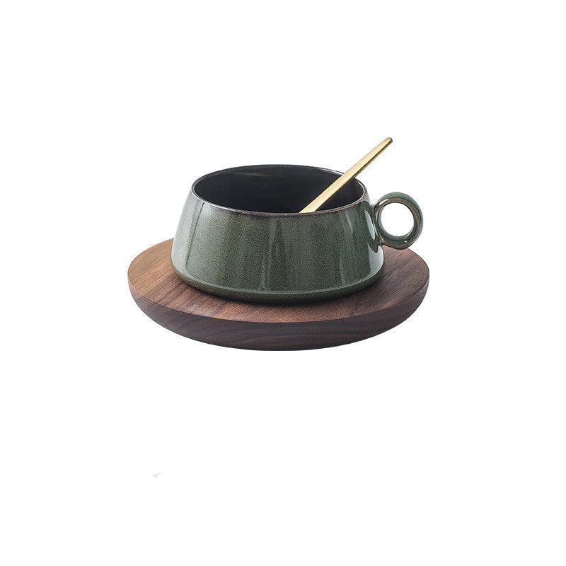 Kyoto Ceramic Cup Set | Japanese Style Coffee & Tea Mug with Wooden Saucer