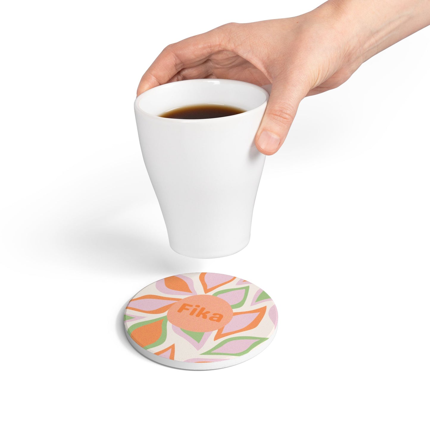 Fika Floral Ceramic Coaster | Retro Pastel Coffee Coaster with Cork Back