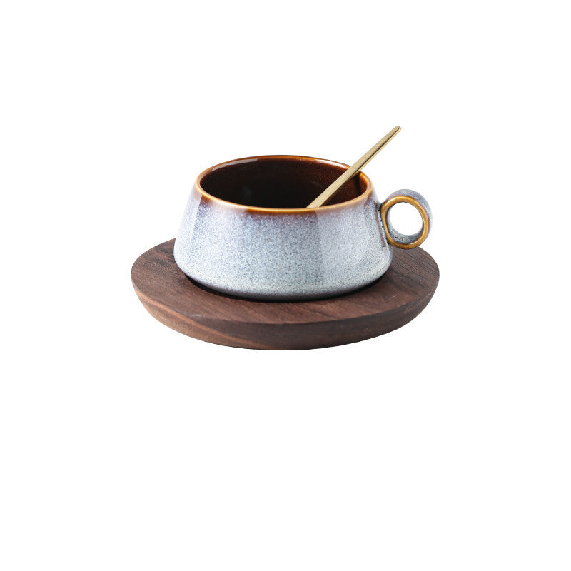 Kyoto Ceramic Cup Set | Japanese Style Coffee & Tea Mug with Wooden Saucer