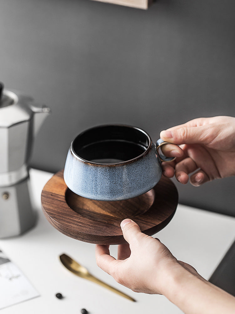 Kyoto Ceramic Cup Set | Japanese Style Coffee & Tea Mug with Wooden Saucer